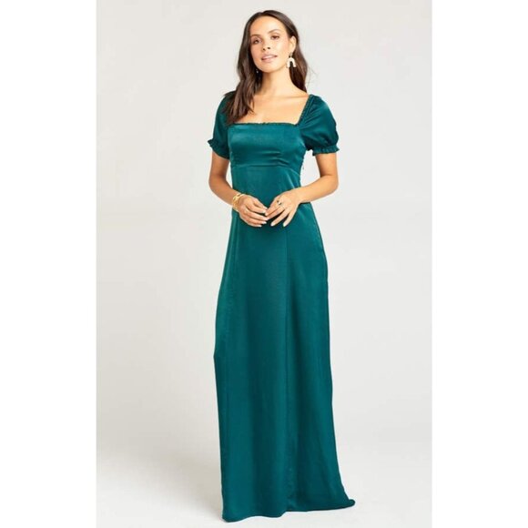 Show me Your Mumu Brittany Satin Maxi Dress Womens Size L Dark Emerald Holiday - Picture 1 of 9